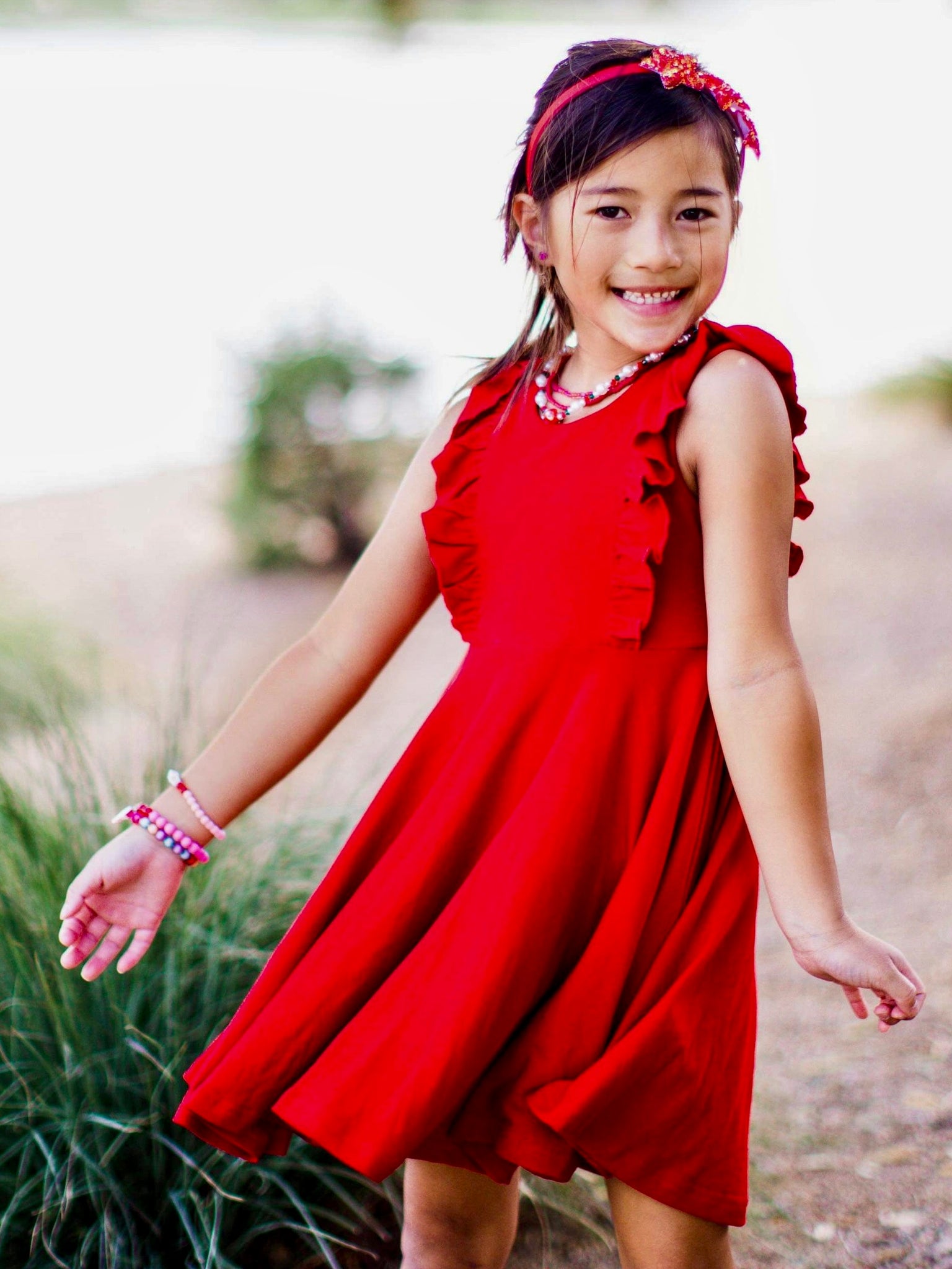 Red Ruffle Ribbed Twirl Dress - In-Stock