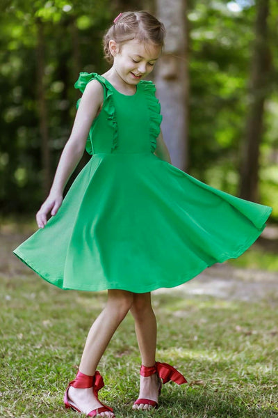 Green Ruffle Ribbed Twirl Dress - In-Stock