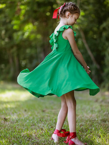 Green Ruffle Ribbed Twirl Dress - In-Stock