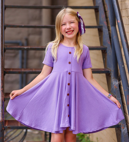 Short Sleeve Purple Ribbed Cotton Twirl Dress - In-Stock