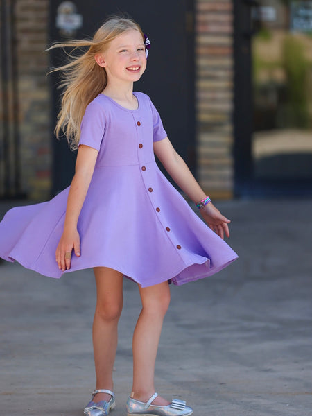 Short Sleeve Purple Ribbed Cotton Twirl Dress - In-Stock