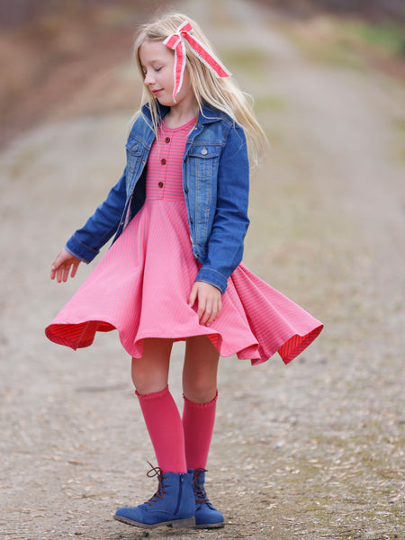 Pink Short Sleeve Ribbed Twirl Dress - In-Stock