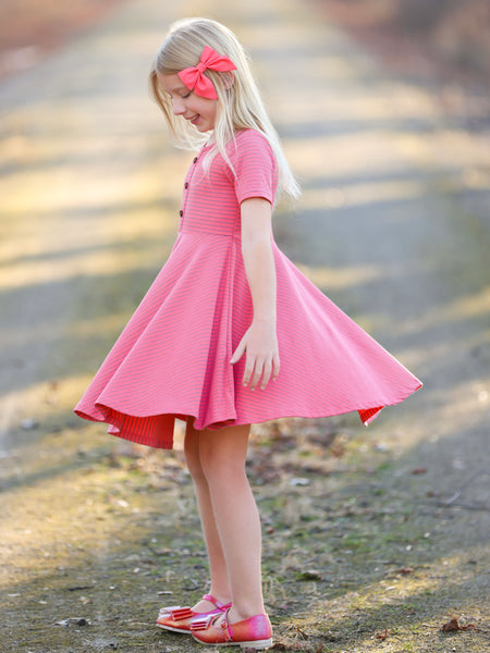 Pink Short Sleeve Ribbed Twirl Dress - In-Stock