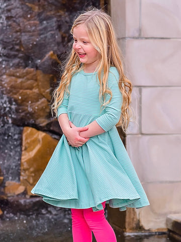 Teal and Pink 3/4 Sleeve Ribbed Twirl Dress - In-Stock