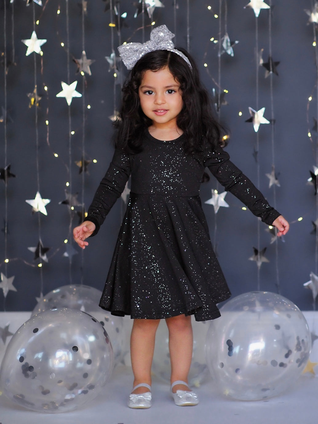 Black Sparkle Long Sleeve Twirl Dress - In-Stock