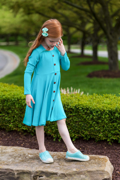 Long Sleeve Bright Teal Ribbed Cotton Twirl Dress - In-Stock