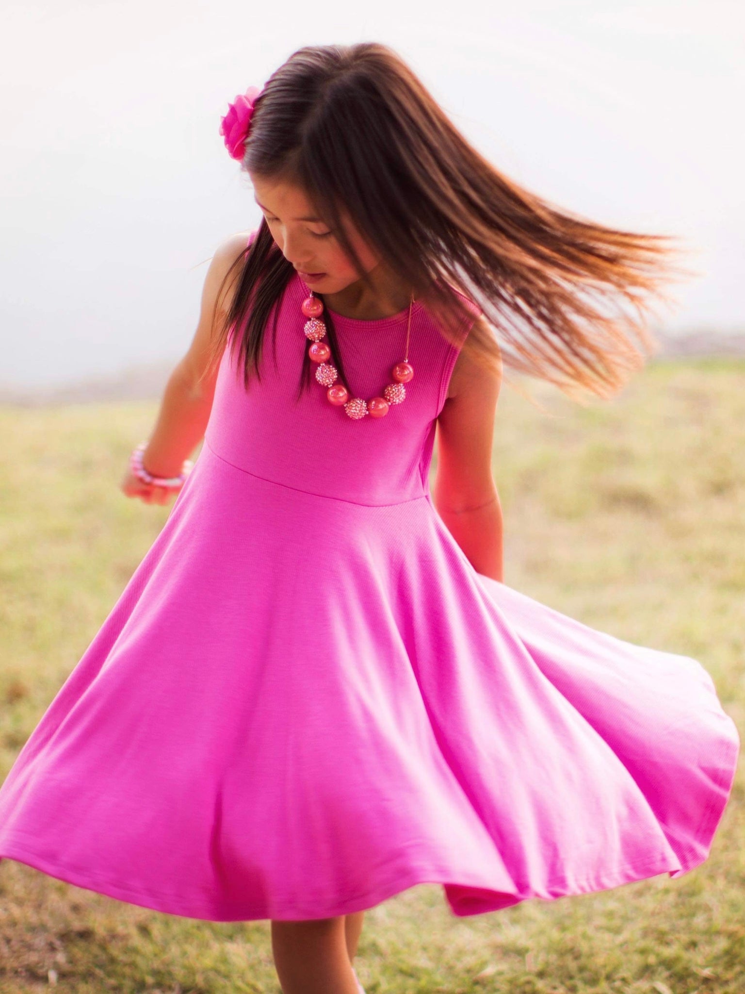 Sleeveless Pink Ribbed Cotton Twirl Dress - In-Stock